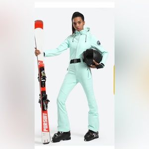 Gsou Snow Women's Classic One Piece Ski Suit With Hood NWT Mint Green color